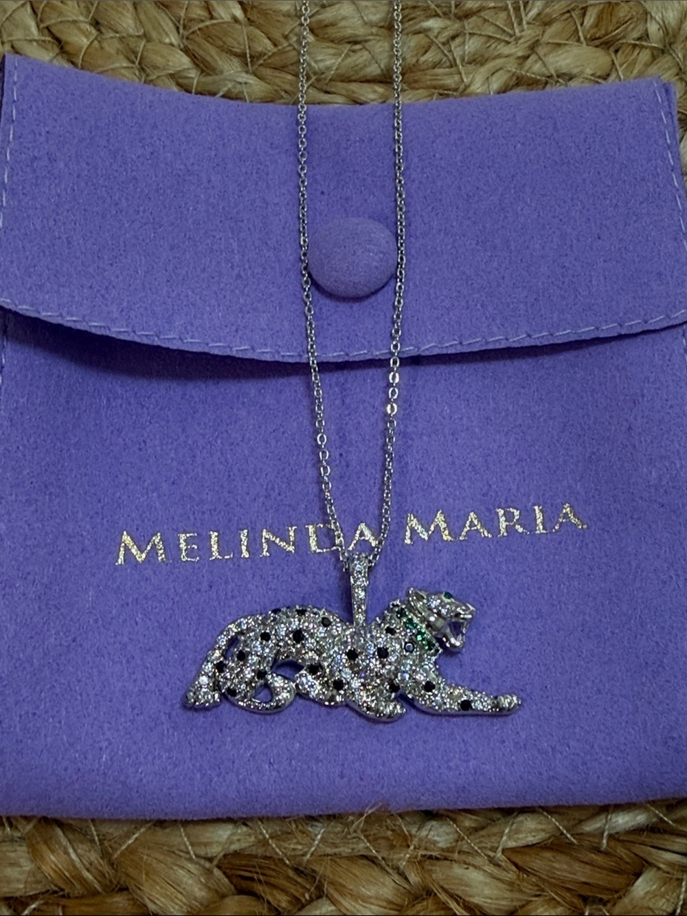 Melinda Maria Silver Fierce Jaguar Necklace with Purple Pouch